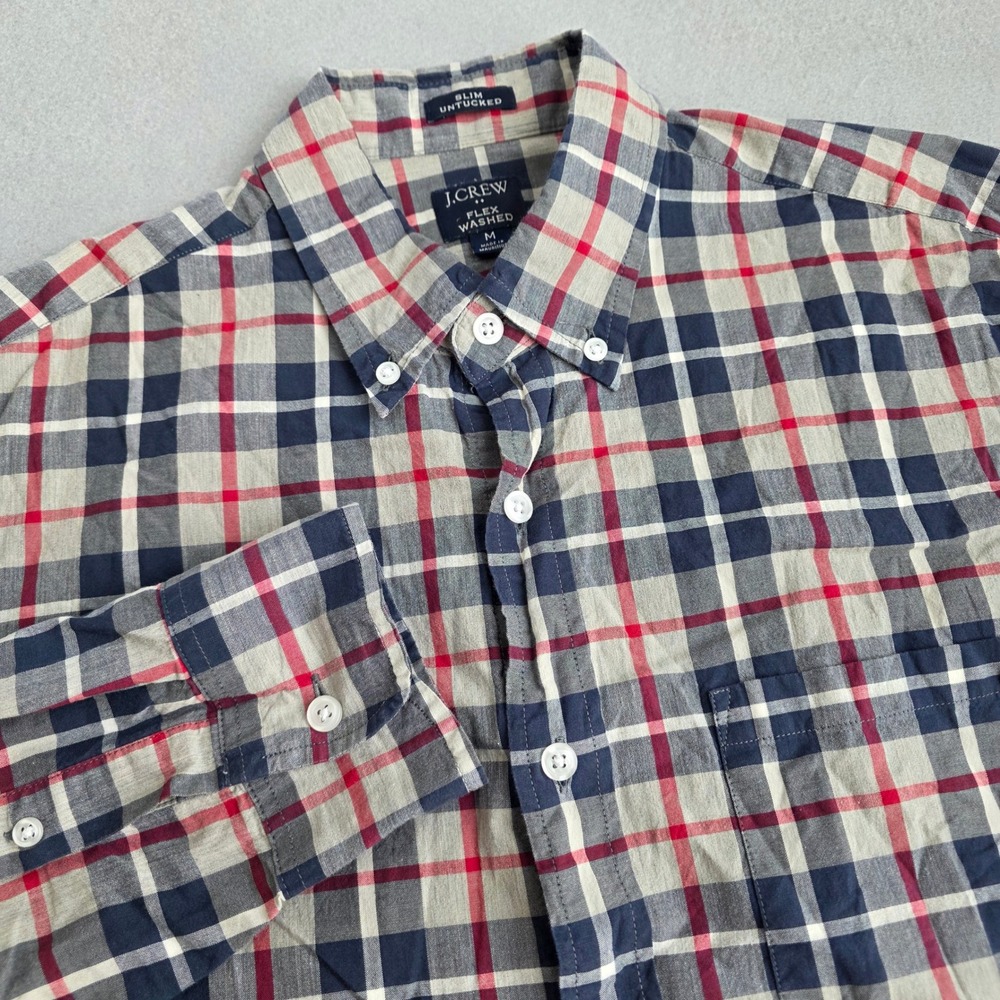 J.Crew Mens Slim Untucked Flex Washed Plaid Button Down Shirt Navy Red Grey M